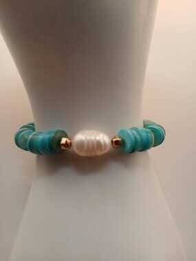Mermaid Core Blue Shells Stretch Bracelet with Pearl Charm and Gold Accents